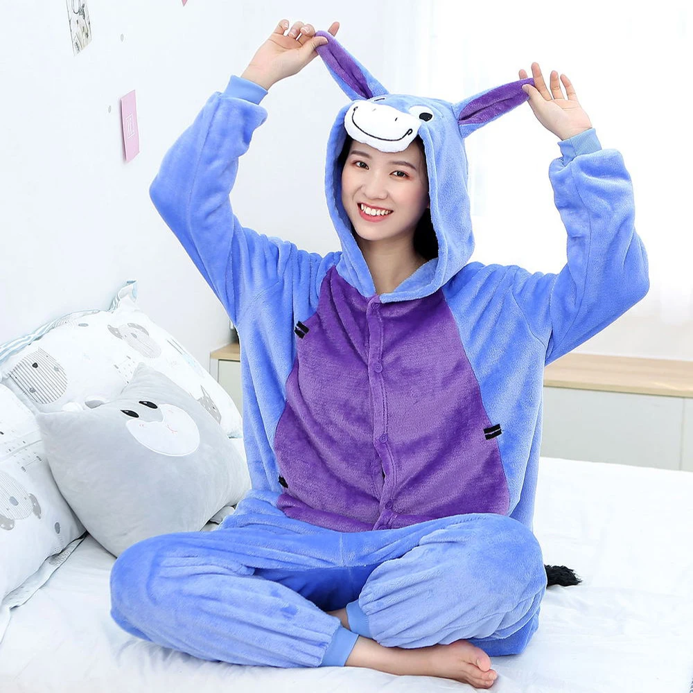 Flannel Animal Adult Onesies Pajamas Set Winter Hooded Cartoon Plush Cosplay One Piece Costume For Women Men Sleepwear Pyjamas