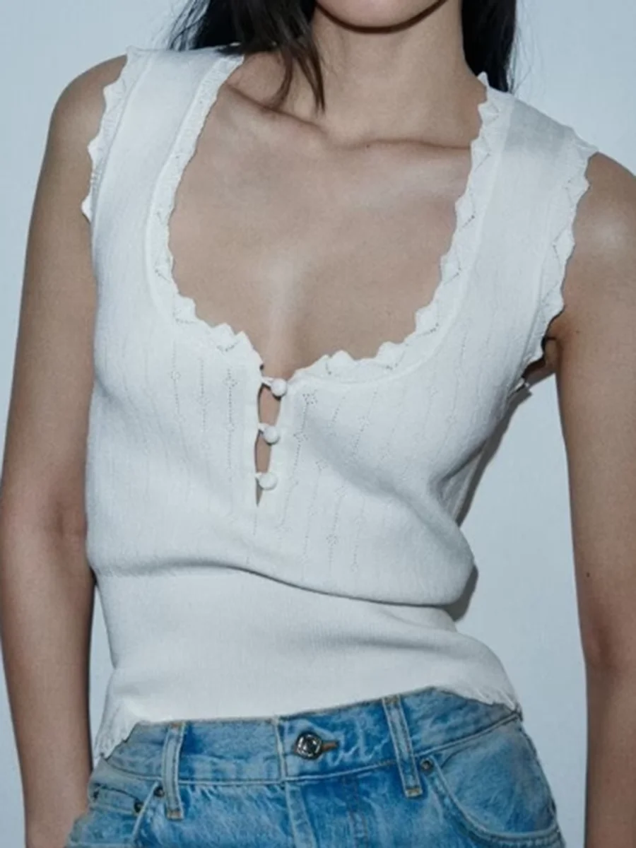 

Button Knitted Vintage Tank Tops Women Summer New U Collar Sleeveless Fashion Simple Solid Vest 2023 Female Elegant Casual Camis