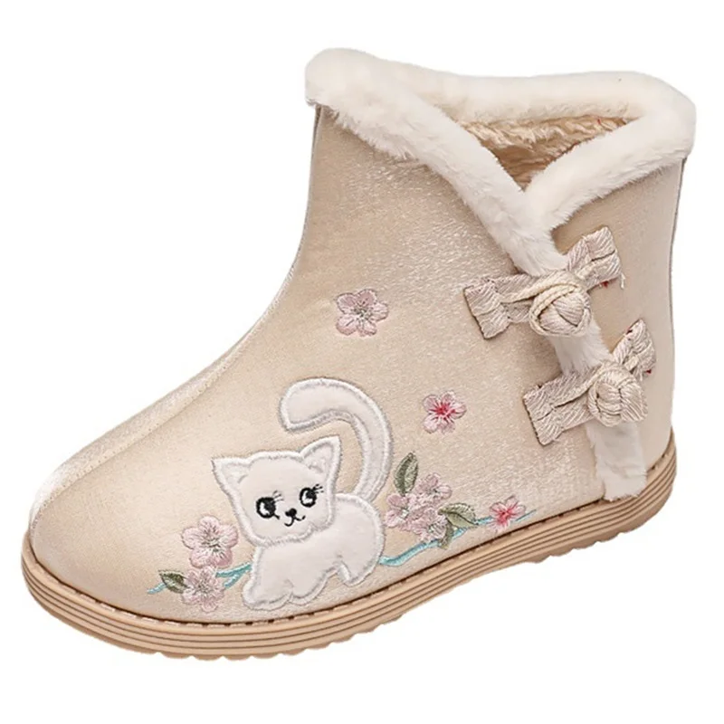 

Kruleepo Autumn Winter Girls Fashion Boots Shoes Children Baby Kids Chinese Style Stitchwork Cat Embroider Warm Plush Booties