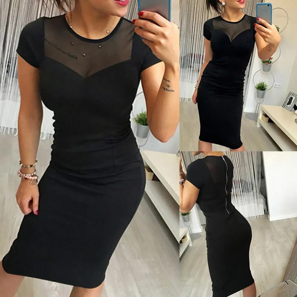 

Women Short Sleeve Sexy Bodycon Dress Mesh Stitching See Through Knee-length Dress