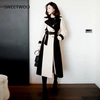 korean autumn winter women tweed thicked warm overcoat fashion woollen double breasted patchwork long sashes trench wool coat