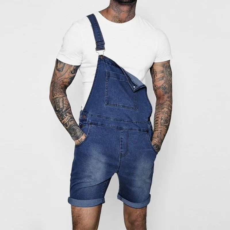 Denim Jumpsuit Straps Fashionable Streetwear Men Overalls Pantalones Vaqueros Hombre Solid Color Shorts Rompers