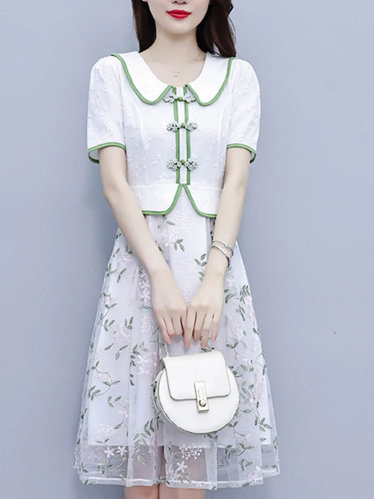 # 7965 Лето Белое Винтажное Ложное Платье А-силуэта с Высокой Талией Из Двух Частей