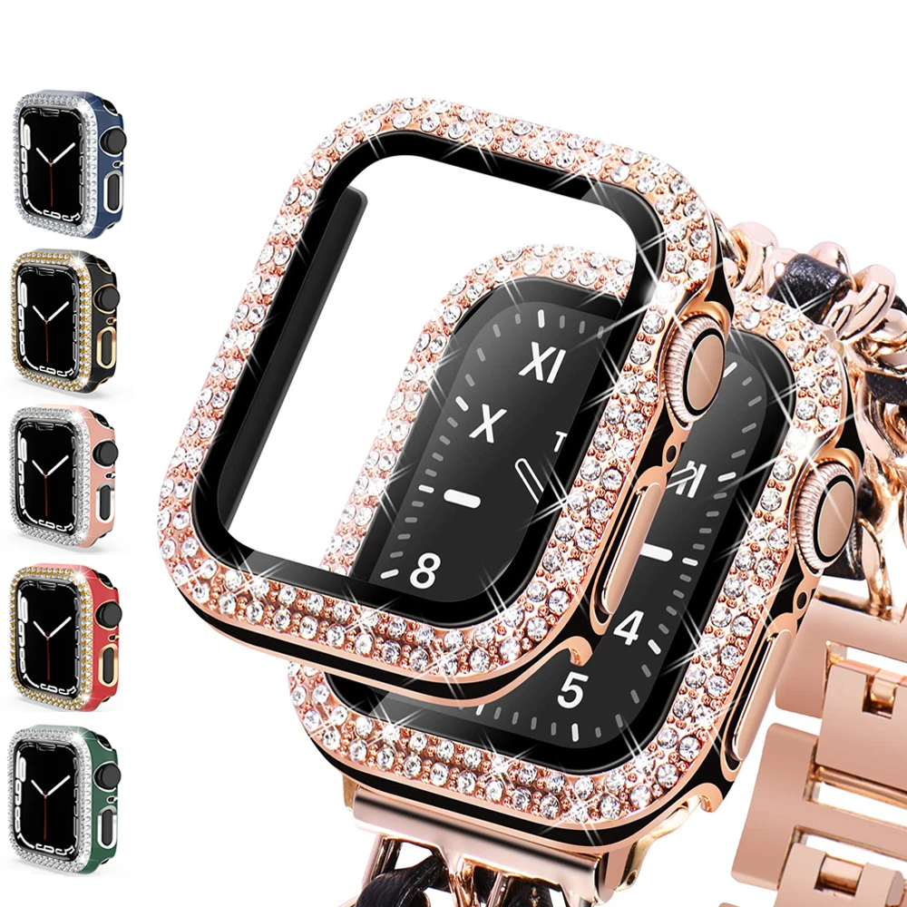 

Glass+Cover For Apple Watch case 40mm 44mm 45 41mm iWatch Accessories Diamond smartwatch Screen Protector ultra series 6 SE 7 8