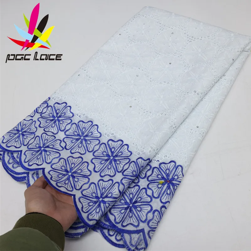 

PCG White & Blue Dry Lace 2023 High Quality Swiss Voile Lace In Switzerland Cotton Africa Nigeria Embroidery Mesh Fabric LY2083