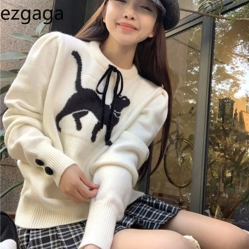 Свитер Ezgaga женский пуловер с рисунком кота и бантом осень-зима круглым вырезом