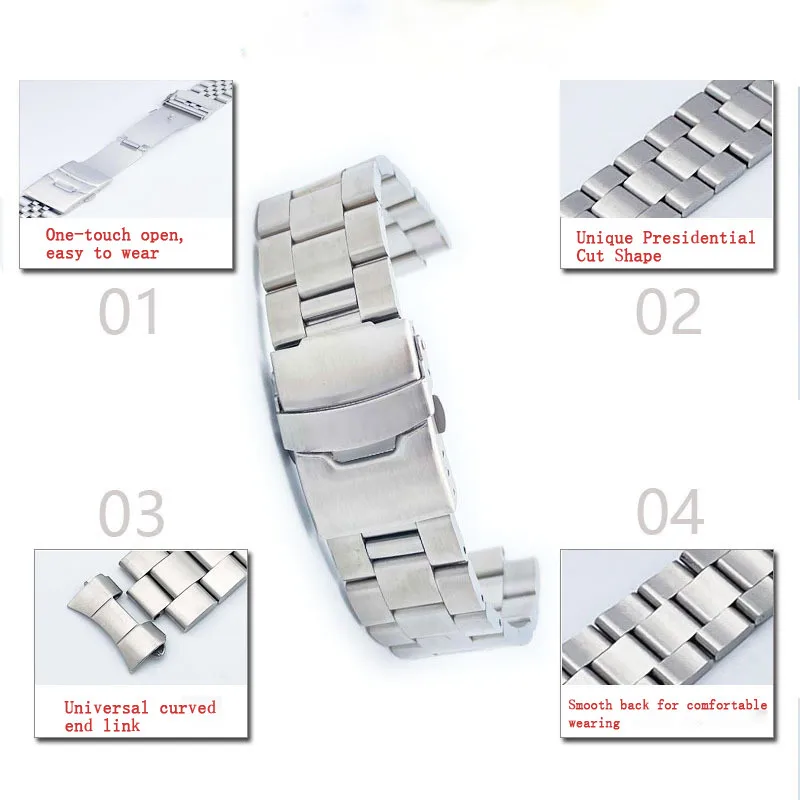 316L Solid Stainless Steel 19mm 20mm 22mm Universal Curved End Presidential Watch Band Strap Fit for SKX175 173 007 Watch