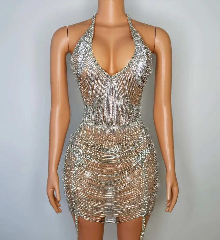 

Блестящее Серебряное платье с кристаллами, сексуальное Сетчатое платье стразы, вечернее платье певицы, танцевального клуба, костюм для празднования дня рождения вечерние НКИ