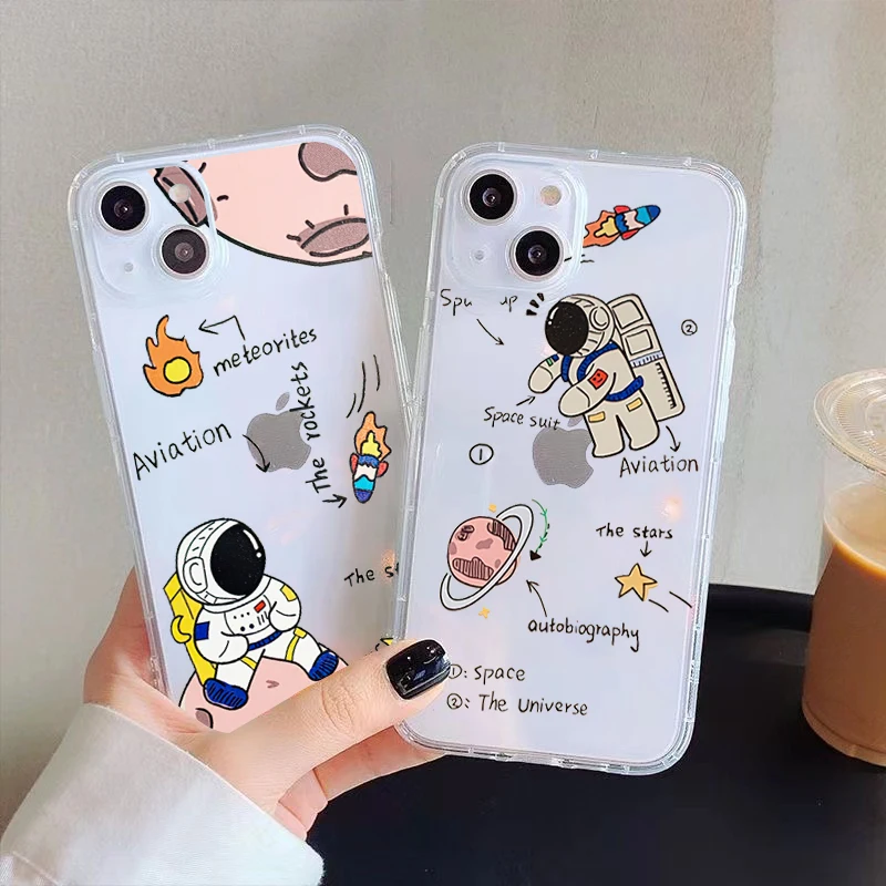 

Cartoon Astronaut Clear Phone Case For iPhone 11 Pro Max 12 13 Pro Mini X XR XS Max 6 6S 7 8 Plus Se2 Cases Coque Black Soft