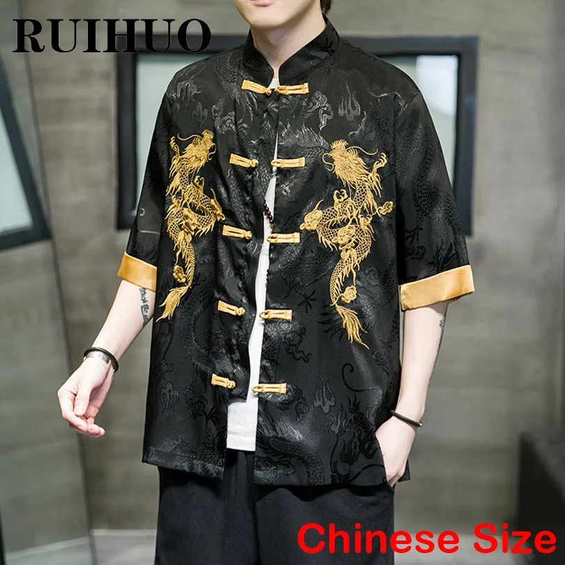 RUIHUO Dragon Embroidered Men Summer Shirt Harajuku Clothes Summer Shirts For Men Fashion Chinese Size 5XL 2023 New Arrivals