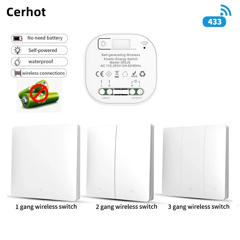 Cerhot RF433 Беспроводной переключатель с автономным питанием без батареи Кнопка