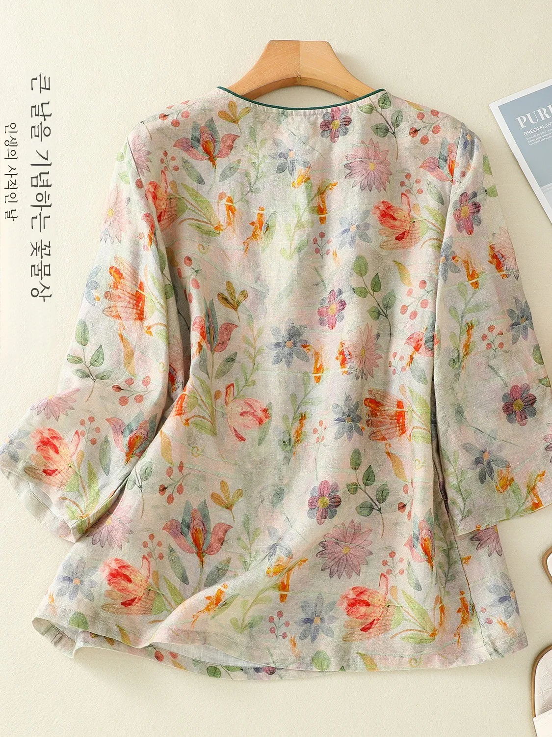 Рубашка женская из хлопка и льна с диагональными пуговицами круглым вырезом