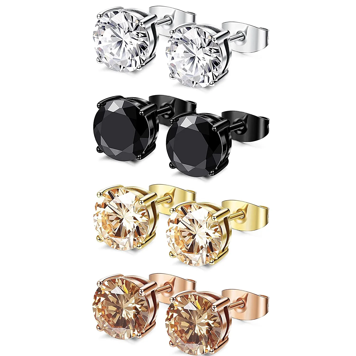 

4 Pairs Stainless Steel Stud Earrings for Men Women Ear Piercing Earrings Cubic Zirconia Inlaid,4-8 mm