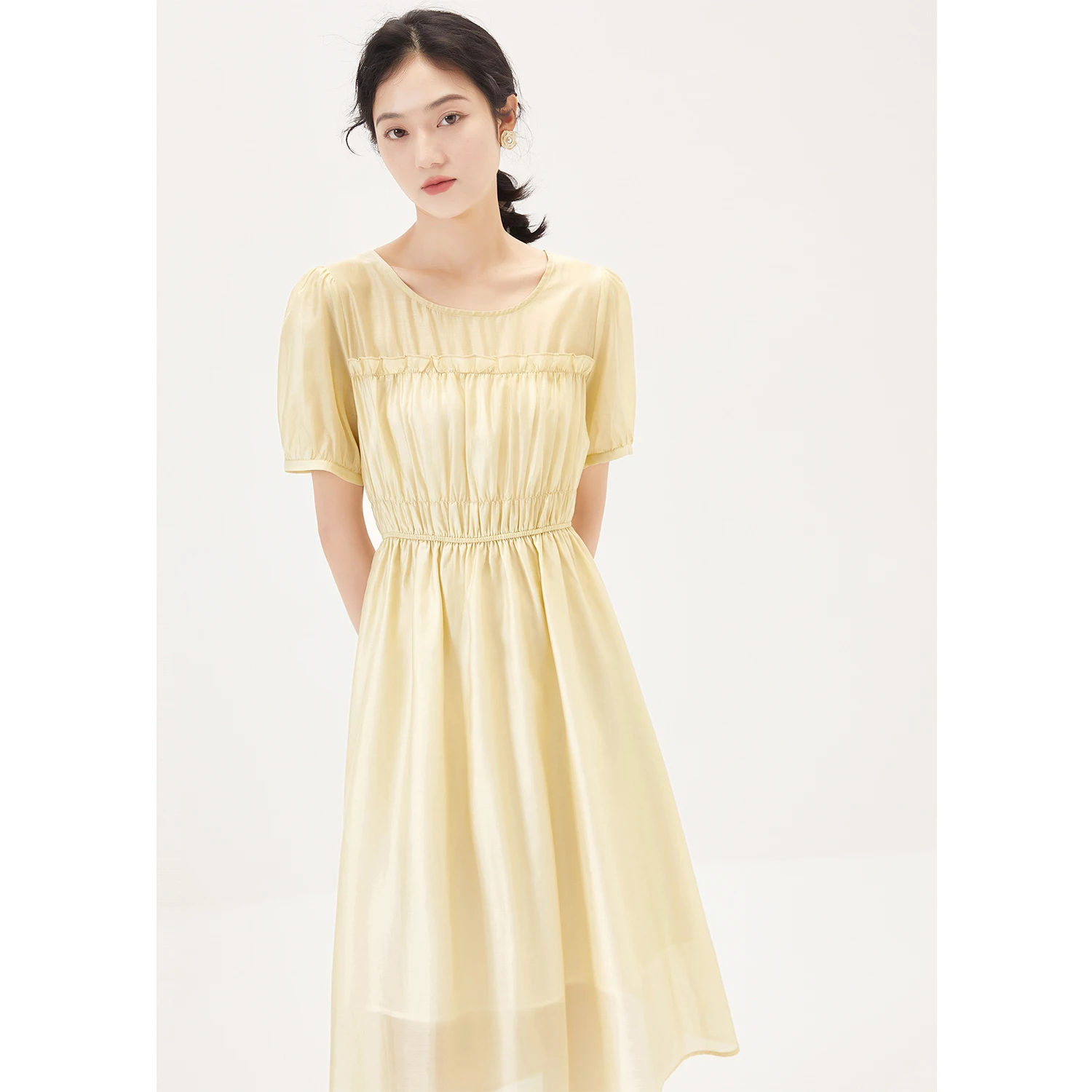

New Sweet Dresses for Women 2023 Polyester Lyocell A-LINE Mid-Calf Puff Sleeve O-Neck Summer Women Dress vestidos de mujer