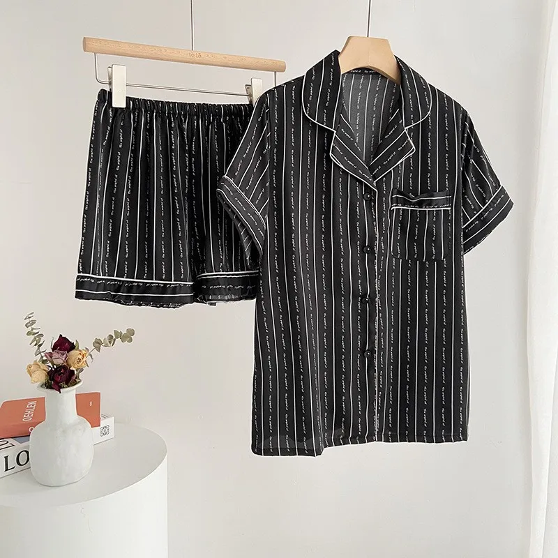 

Pajamas Print Letter Home Clothes Satin Sleepwear With Trousers Lapel Stripe Nightgown Short Sleeve Loungewear 2PCS Lingerie