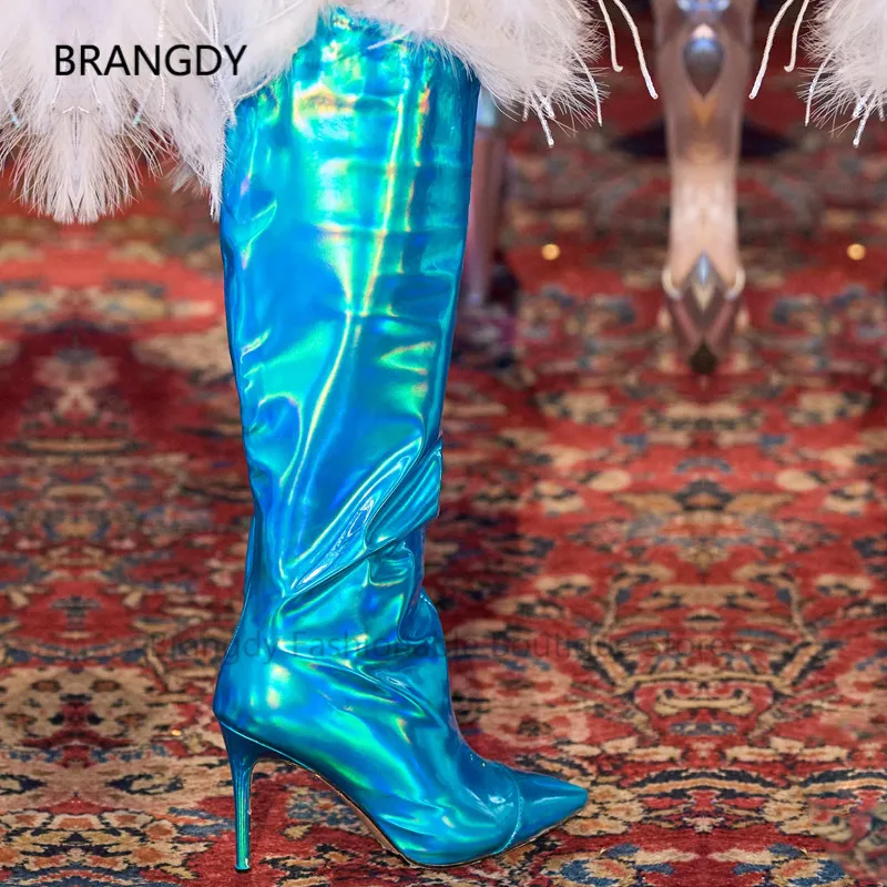 

2023 Stiletto Heeled Women Boots Pointy Sky Blue Metallic Sheen Mirror Leather Calf Heels Bootes Fall Runway Boots zapatos Mujer