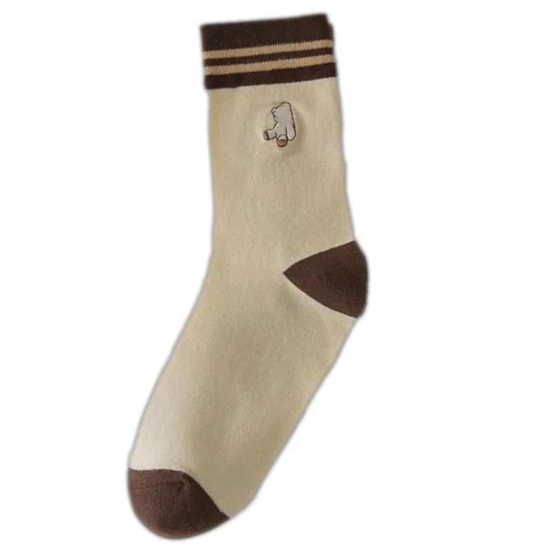 5 Pair Animal Embroidery Winter Socks Women Cartoon Brown Bear Print Cotton Long Socks Vintage Crimping Kawaii Middle Tube Lady