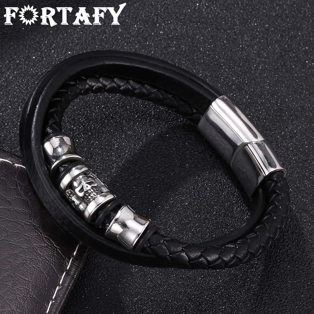 

FORTAFY Men Jewelry Punk Black Multilayer Braided Leather Wrap Bracelet Male Stainless Steel Skull Bracelet Accessories FR0209