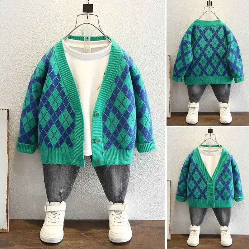 Children's Sweater Cardigan Spring and Autumn Boys' Baby V-Neck Knit Coat Korean Version Casual Sweater Coat