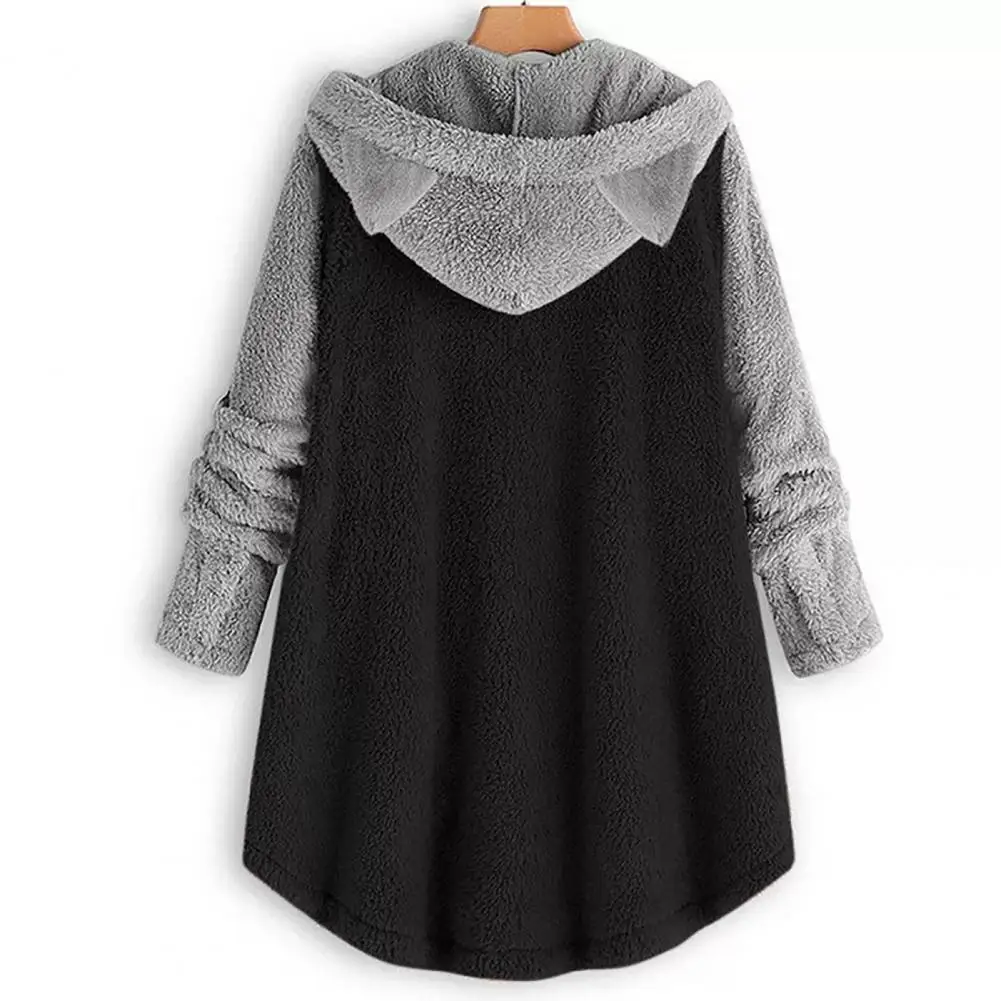 

Reversible Fleece Fabric Coat Fashionable Women's Plush Hooded Coat with Ears Irregular Color Matching Winter Jacket Featuring