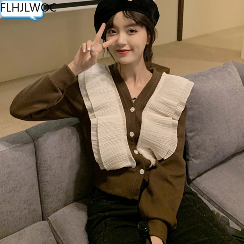 

Милый вязаный свитер, короткие пальто, однобортная блузка на пуговицах, Женский шикарный корейский топ французского дизайна с оборками D270