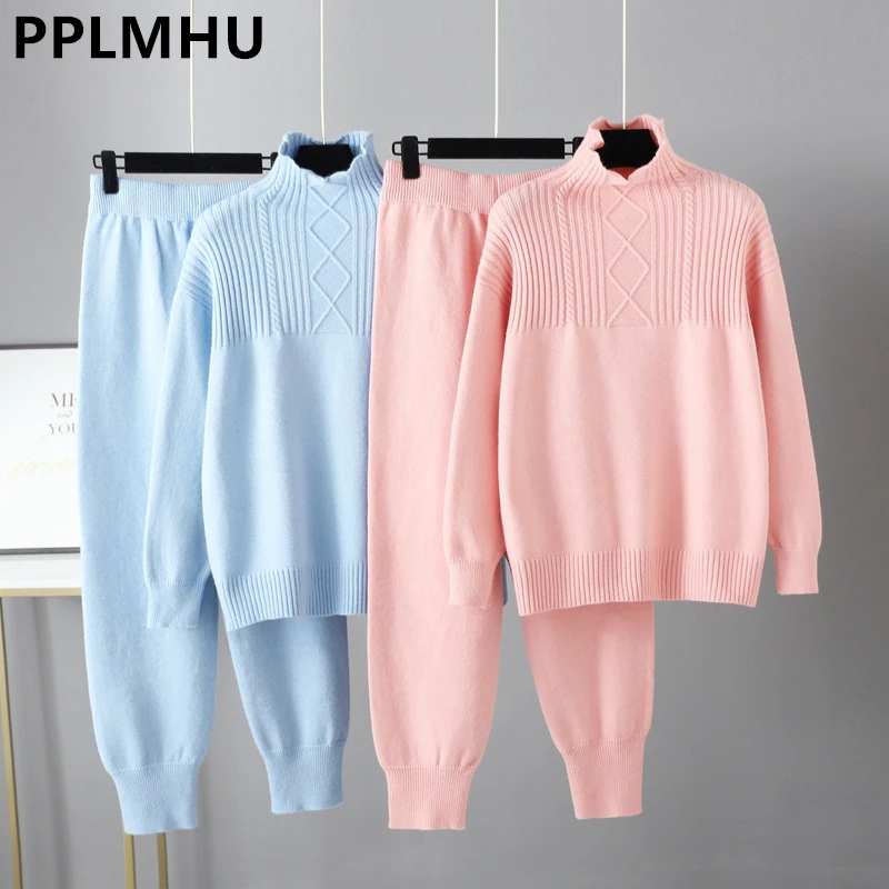 

Mock Neck Sweater Two Piece Sets Women Casual Ribbed Knitted Pullover Suits High Wasit Knitwear Ankle-length Jogger Pants Outfit