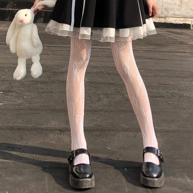 Women Gothic Tights Pantyhose Japanese Black Retro Rose Flower Vine Fishnet Lace Trousers Little Love Bottoming Stockings