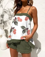 summer woman chic square neck plants print tassel trim spaghetti strap sleeveless top casual pocket design shorts set