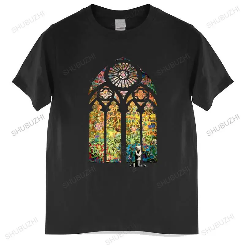 

T-shirt men O-neck hot sale Banksy Stained Glass Window Mens T Shirt graffiti art urban art male cotton tee-shirt bigger size