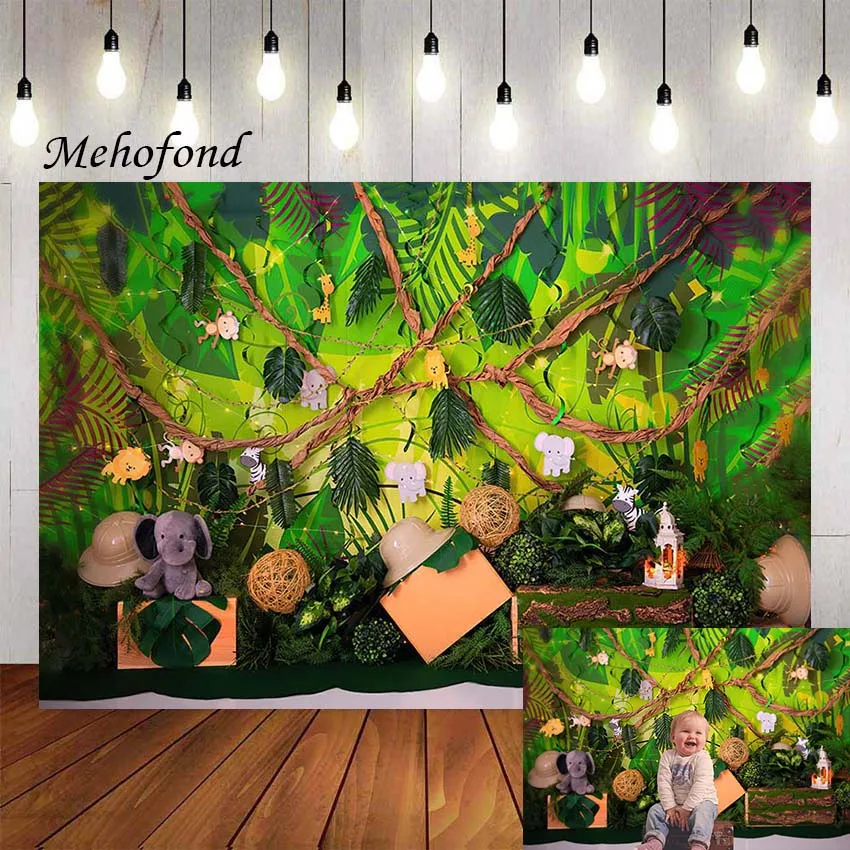 

Фон для фотосъемки Mehofond с изображением джунглей Лес Животные тропический дикий один детский торт на 1-й День рождения разбивает телефон Фот...