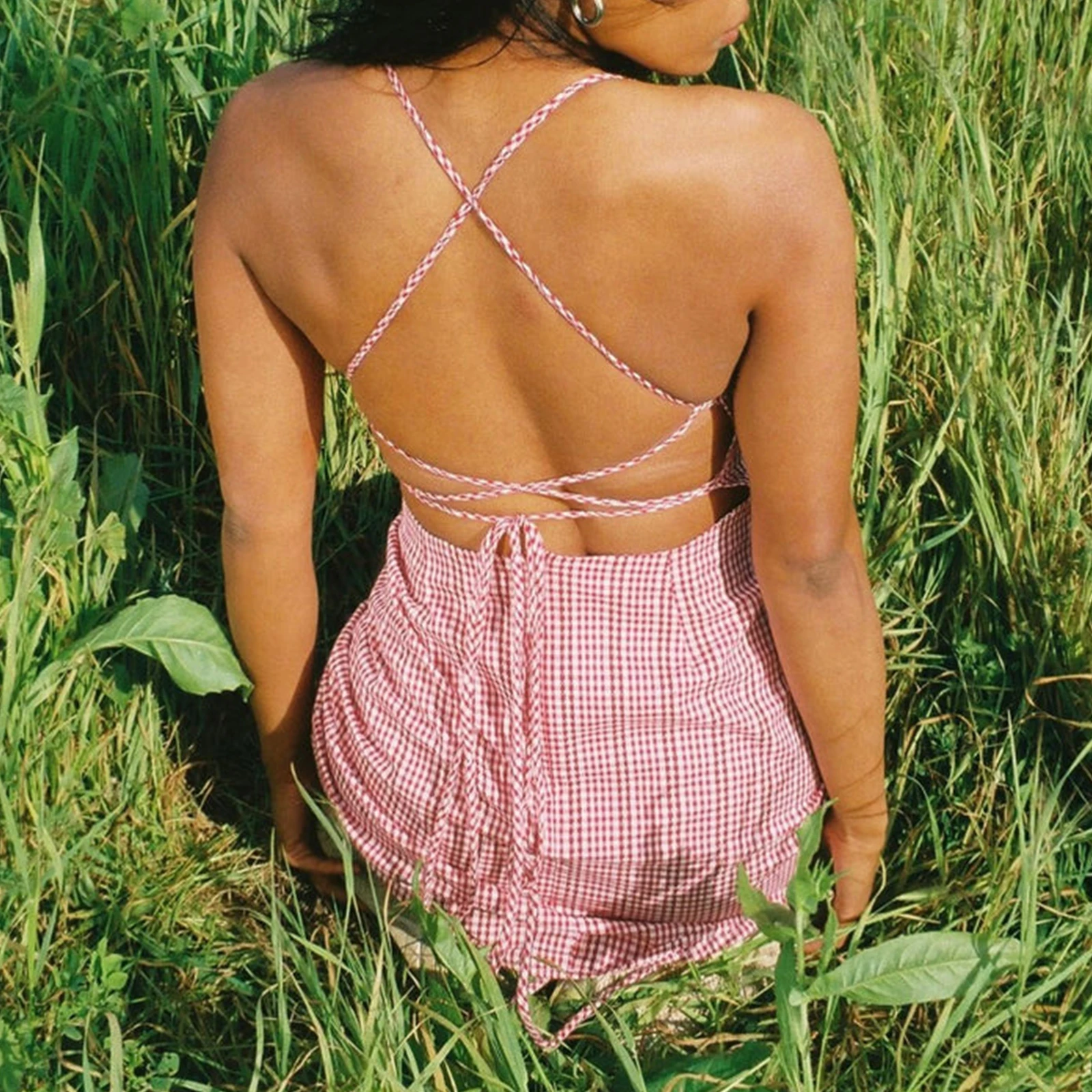 Женское клетчатое платье-мини Gaono без рукавов с завязкой спереди и открытой