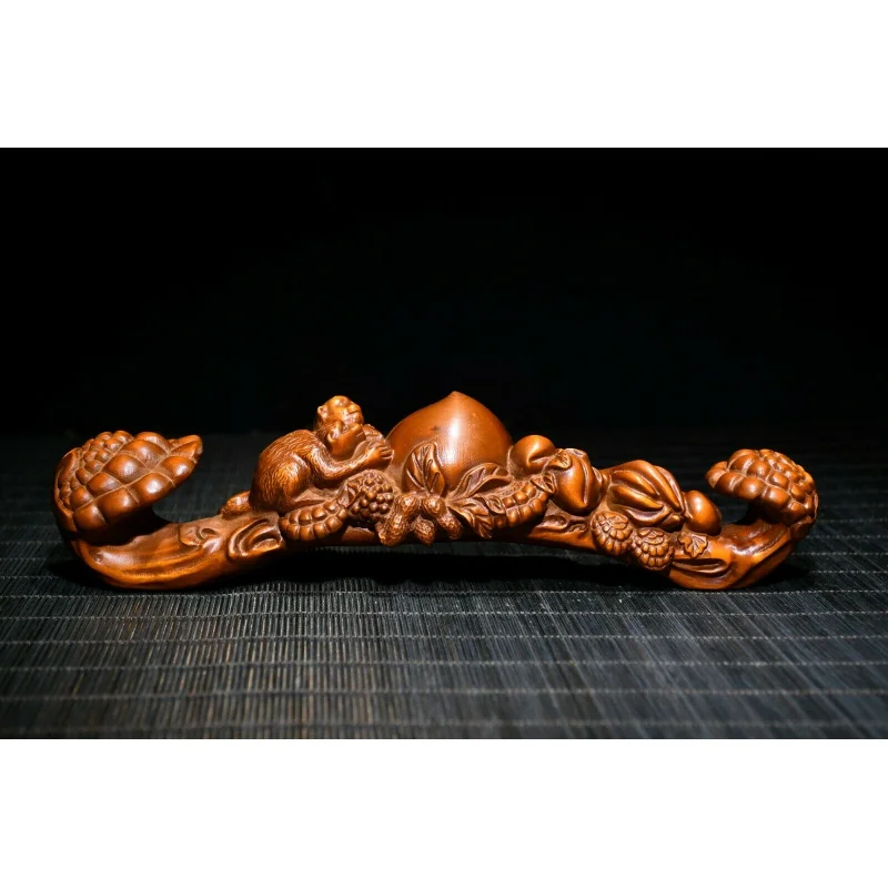 Chinese Exquisite Natural Boxwood Handmade Ganoderma Monkey Peach Statue