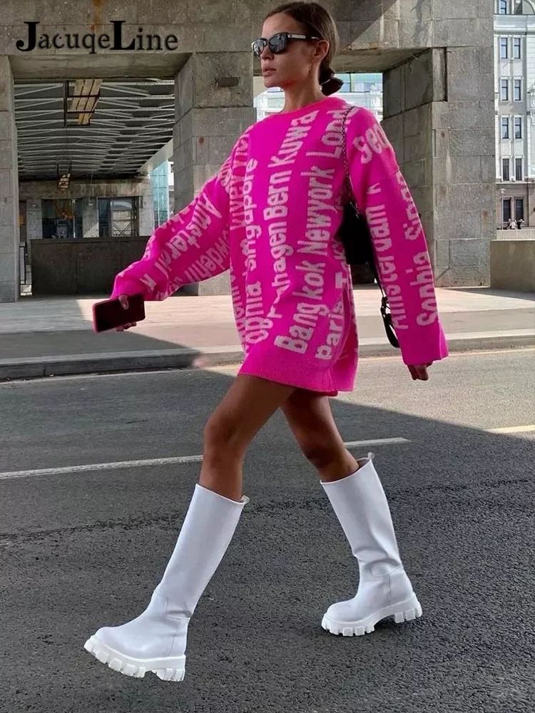 

Jacuqeline 2022 Letter Knitted Oversize Women Dress Sweater Y2K Fashion O Neck Long Sleeve Mini Party Dresses Autumn Winter