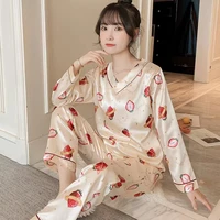ice silk pajamas ladies spring and autumn long sleeved thin sweet imitation silk home clothes two piece suit