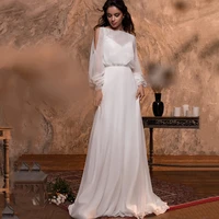 simple handcraft wedding dress scoop neck full sleeves bridal gowns a line backless chiffon brides dresses robe de mari%c3%a9e