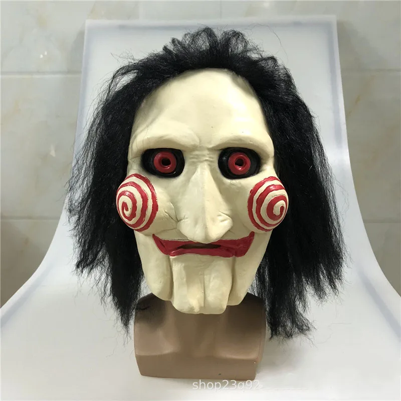 

Movie Saw Chainsaw Massacre Jigsaw Puppet Masks with Wig Hair Latex Creepy Halloween Horror Scary mask Unisex Party Cosplay Prop