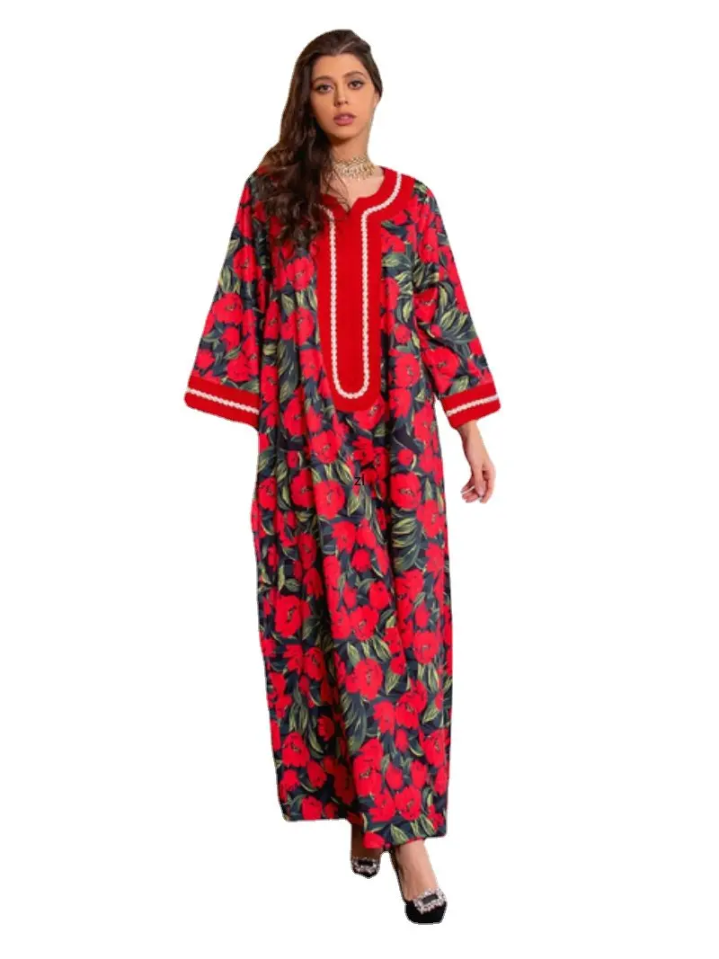 Abaya Dubai Turkey Muslim Hijab Dress Floral Printed Dress Luxury Diamonds V-neck Patchwork Long Sleeve Ramadan Clothes Spring