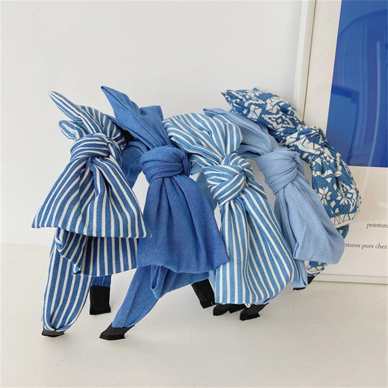 

Fashion Simple Denim Fabric Bow Stripe Floral Headband Women