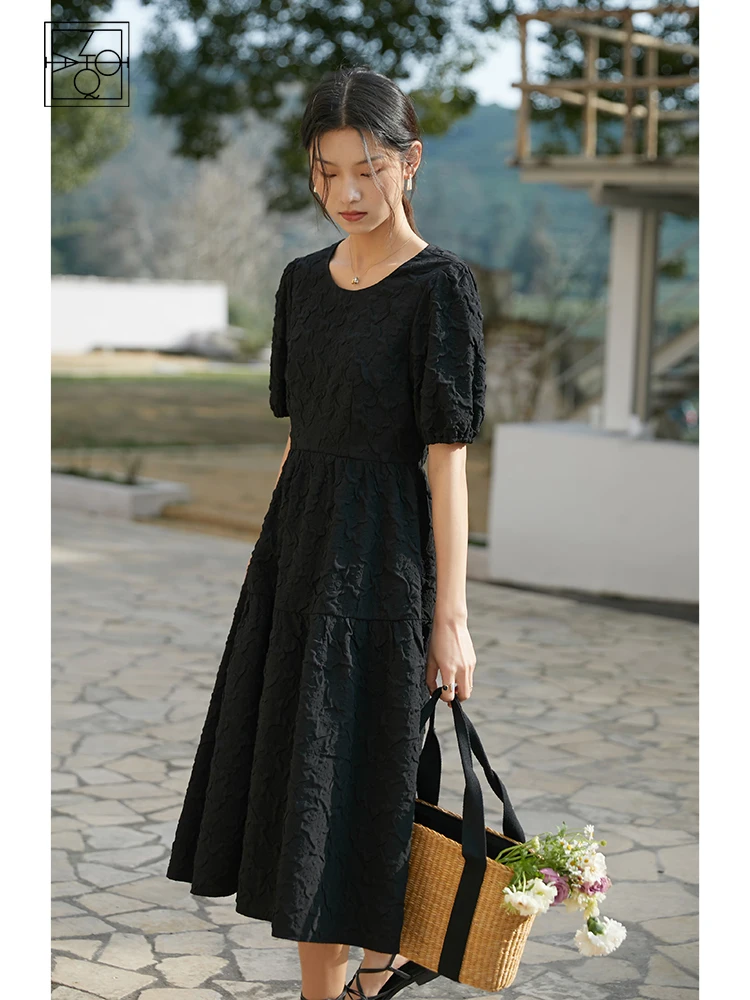 

ZIQIAO Japanese Round Neck Short Sleeve Mid-Calf Skirt Casual Textured Black Dress Tie Back Design Office Lady A-LINE Dresses