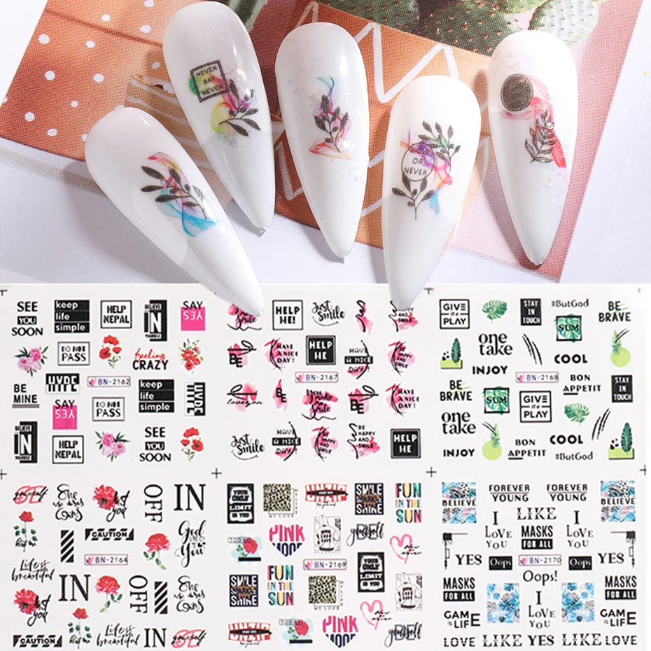 

12 шт. наклейки для ногтей с буквами английская этикетка романтическая роза цветок листья переводная наклейка персонаж маникюр декор ...