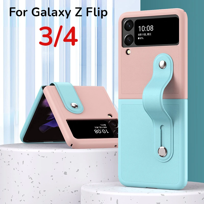 

For Samsung Z Flip3 Anti-Fingerprint Colorblock Phone Case Cover With Adjustable Wrist Strap Holder For Galaxy Z Flip 3 4