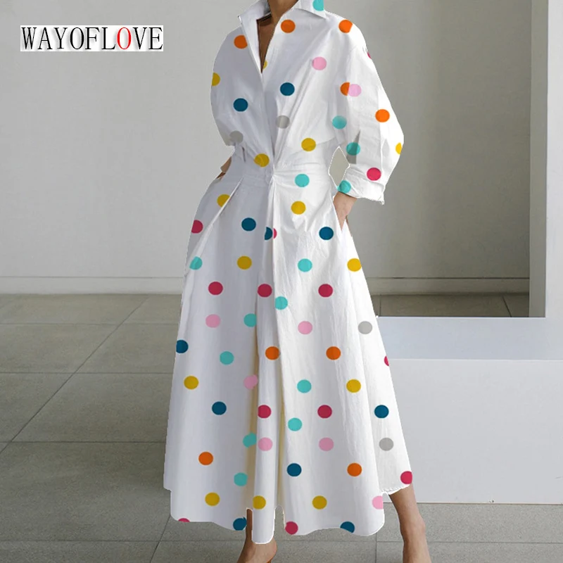 

WAYOFLOVE Ladies Long White Dress V-neck Dots Print Long Sleeve Vestidos Female Elegant Office Lady Dresses Button Women's Dress