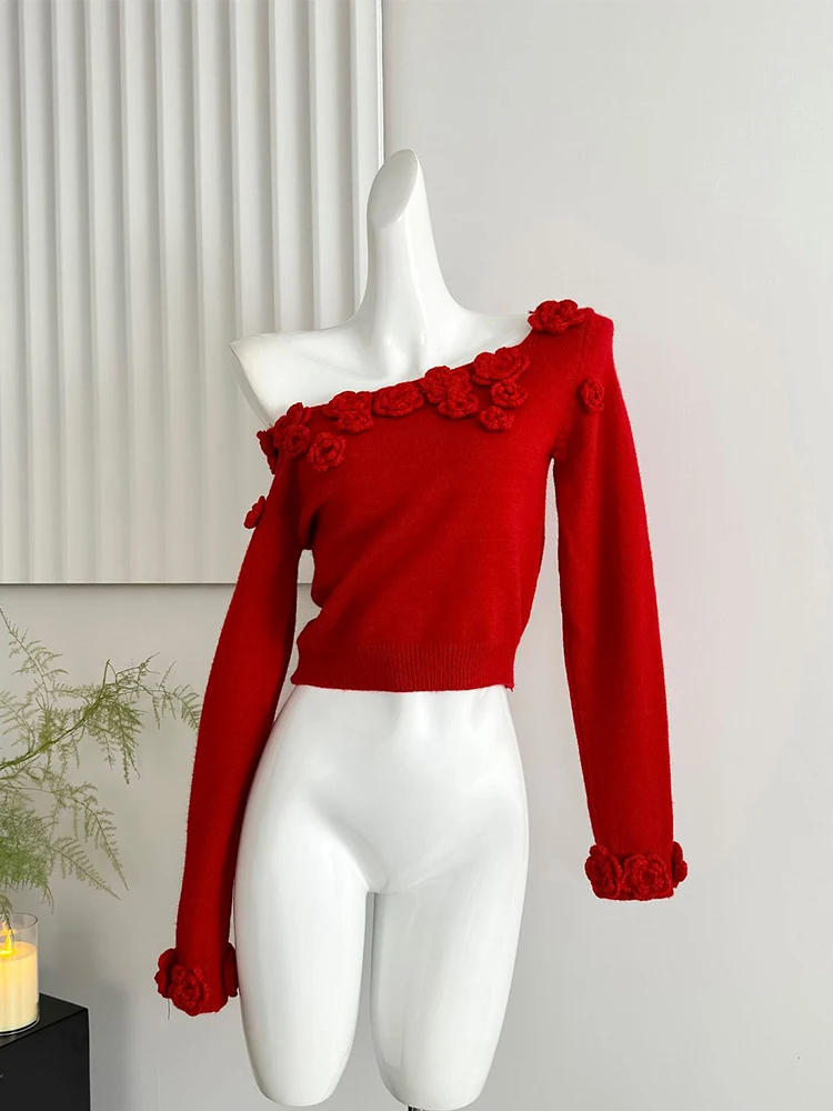 Женский рождественский красный пуловер с 3D цветочным принтом свитер Harajuku Y2k