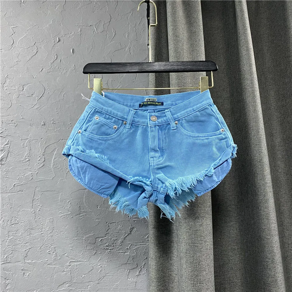 

Sexy Low Waist Denim Shorts Women's Summer Hot Pants New Ripped Tassel Raw Hem Wide Legs Short Jeans Blue Green 2022