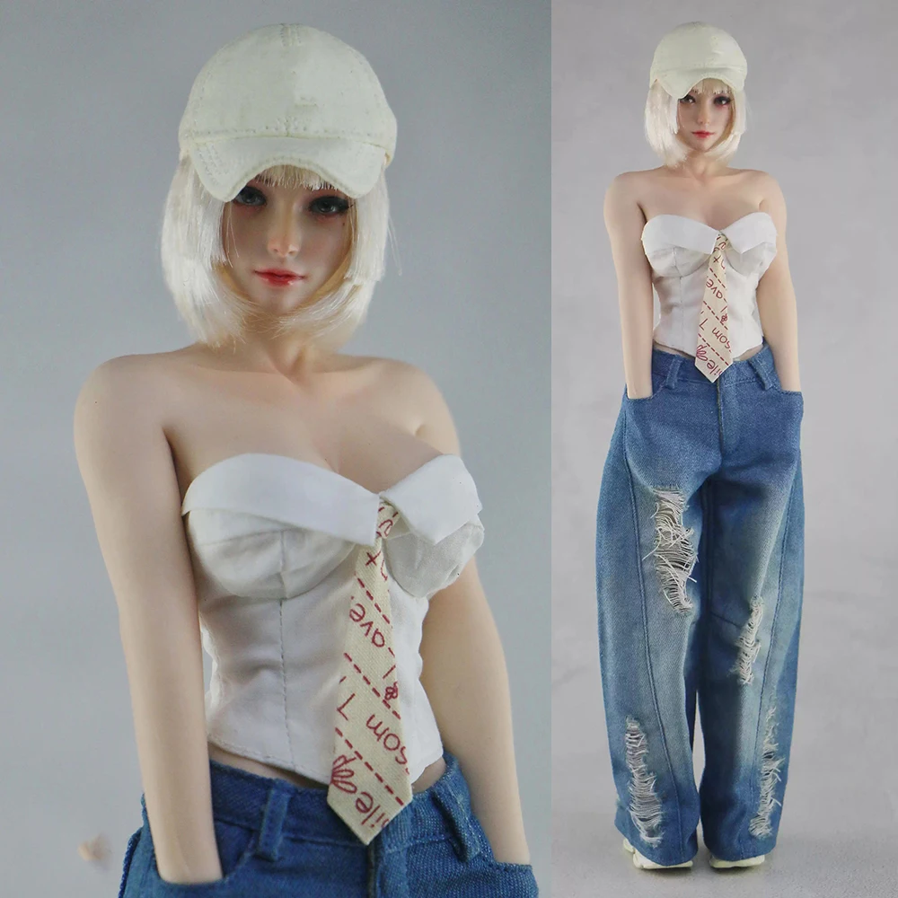 Фото 【60 дней изготовления】CUKE TOYS 1/6 Женский сексуальный топ без бретелек с открытыми плечами и рваные широкие джинсы для 12-дюймовых фигурок-игрушек №1