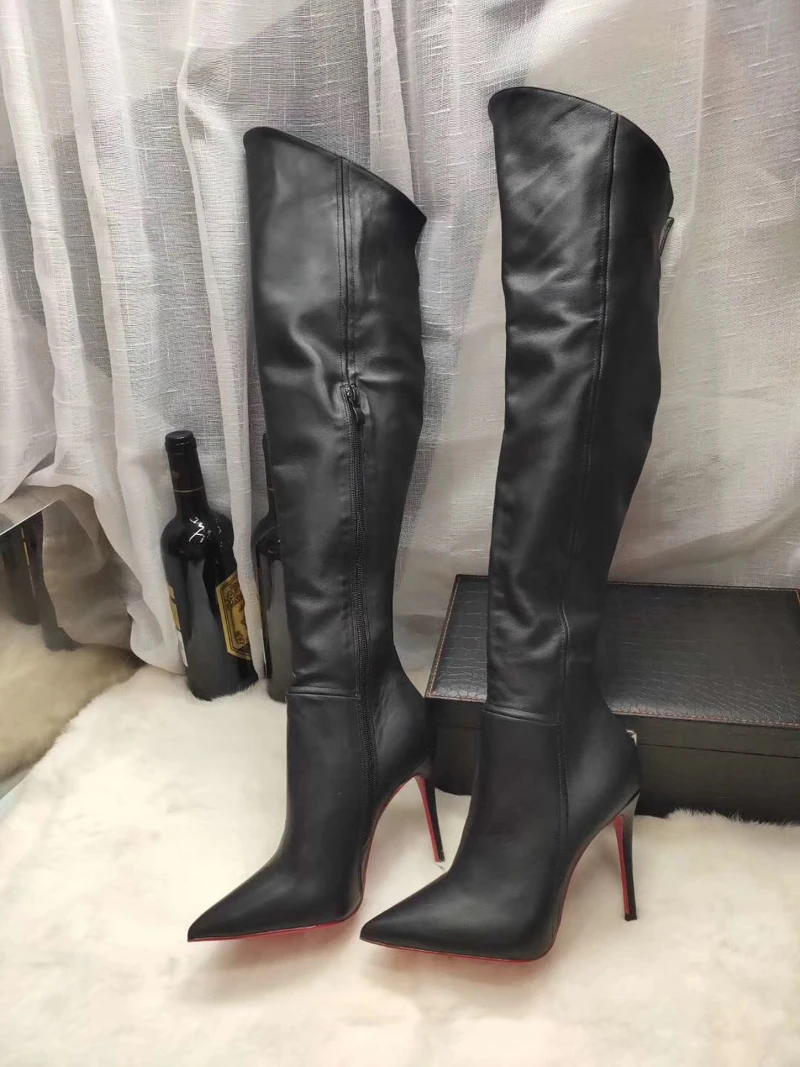 NEW Arrival Black Soft Matte Leather Winter Women Over Knee Boots Thin High Heels Red Bottom Size 34-45