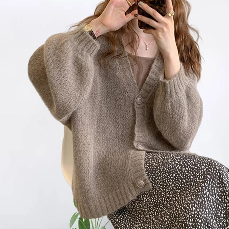 

Casual Loose Knitted Sweater Cardigans Women 2022 Autumn Winter Single-Breasted Sweaters Woman V Neck Long Sleeve Knitwear Coats