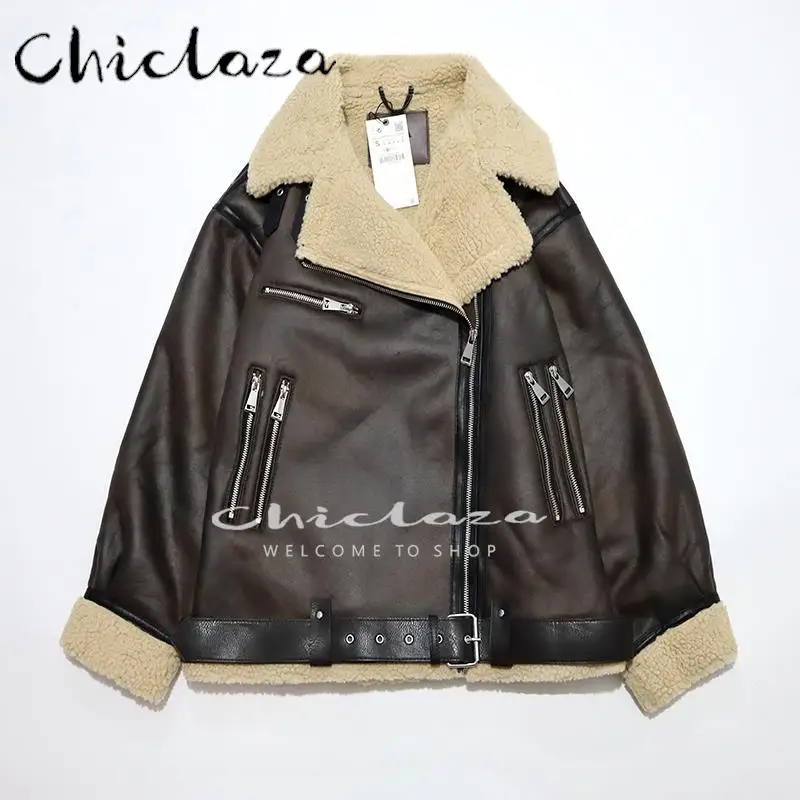 

CHICLAZA High Quality 2022 Women Winter Thick Warm Lambswool Faux Leather Jacket Female Oversize Biker Coat Casual Belt Overcoat