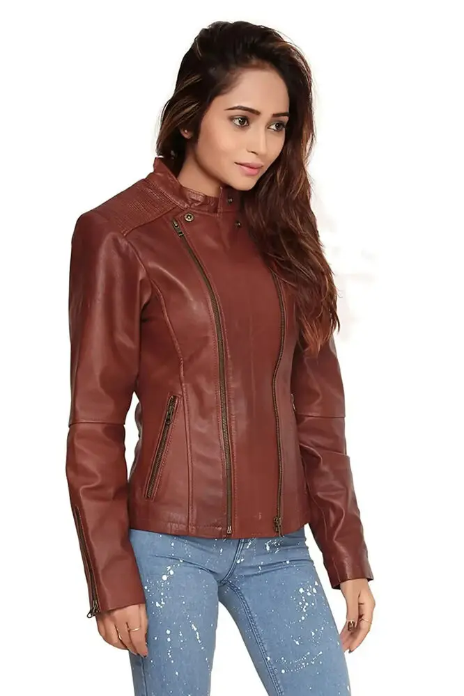 Genuine Leather Jacket for Women Slim Fit Crop Jacket Moto Biker Coat