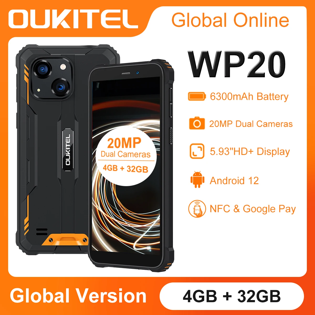 OUKITEL WP20 Rugged Smartphone 5.93'' HD+Display 4G+32G 6300 mAh Android 12 IP68&IP69K Quad Core 20MP Cameras Cell Phone